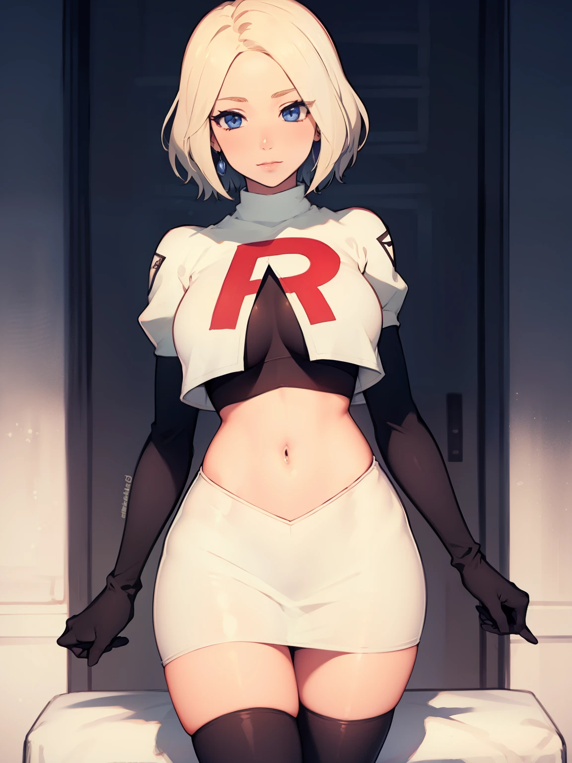 warMercedes, short hair ,glossy lips ,team rocket uniform, red letter R, white skirt,white crop top,black thigh-high boots, black elbow gloves, looking at viewer, cowboy shot