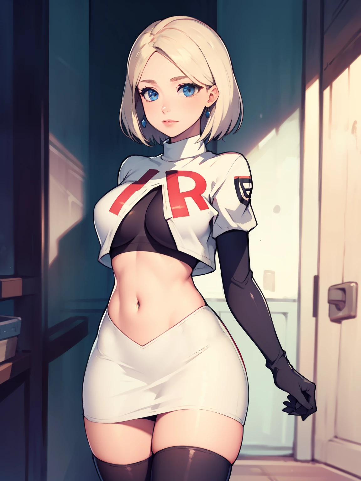 warMercedes, short hair ,glossy lips ,team rocket uniform, red letter R, white skirt,white crop top,black thigh-high boots, black elbow gloves, looking at viewer, cowboy shot