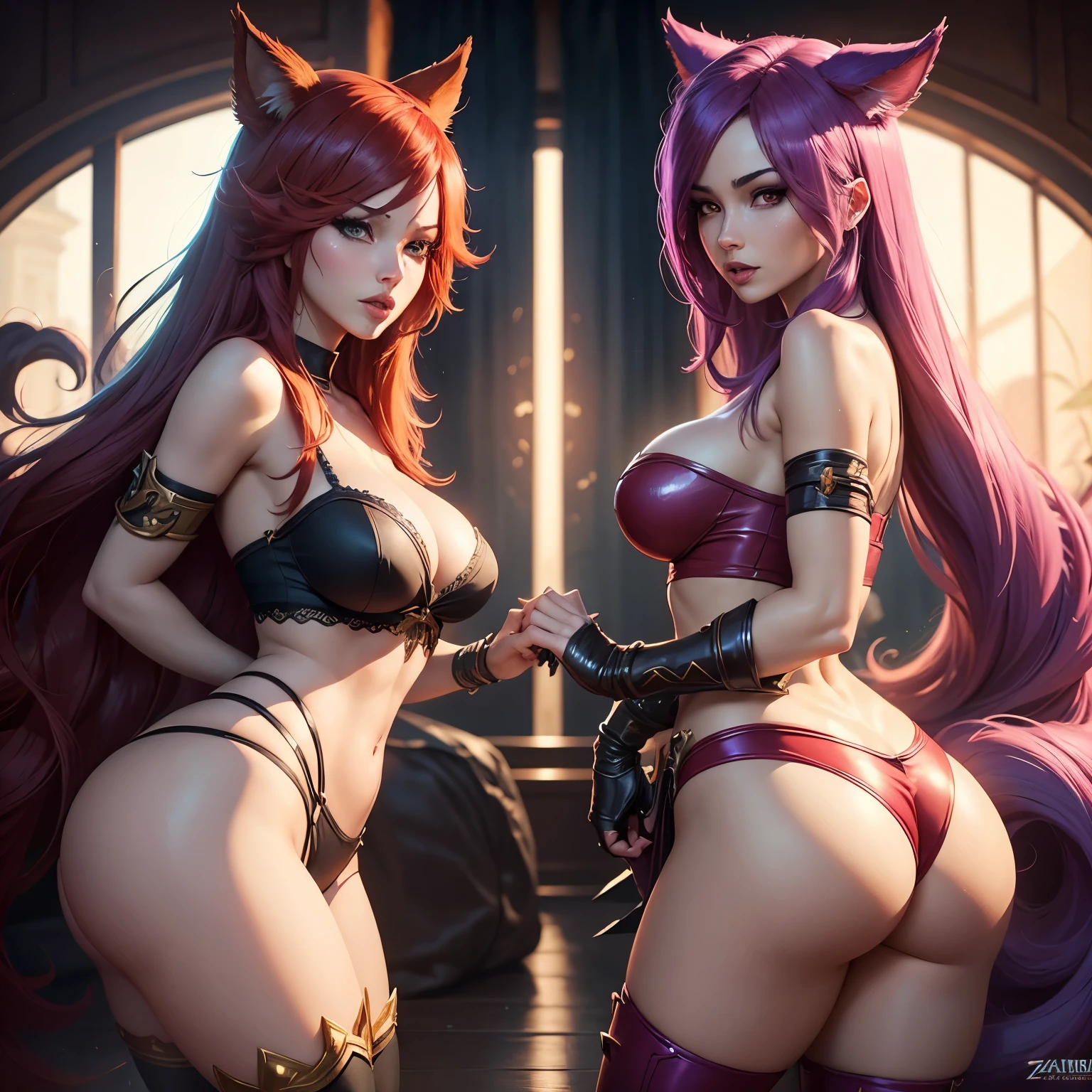 Character from league of legends fighting each other, while just in underwear, sexy look, naughty look, thigh highs, busty, ahri with her tails, zyra, leona, sona, katarina, resemblence, game, league of legends, lol