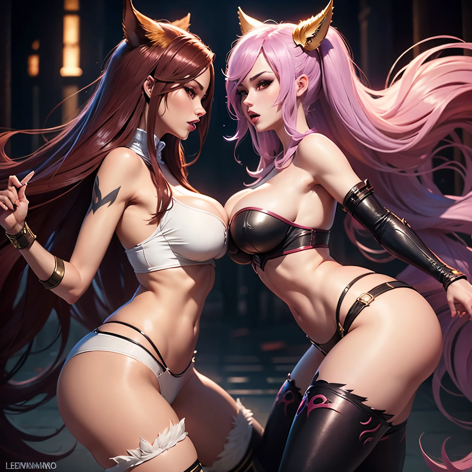 Character from league of legends fighting each other, while just in underwear, sexy look, naughty look, thigh highs, busty, ahri, zyra, leona, sona,