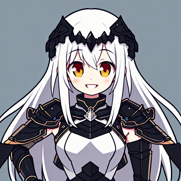 best quality, masterpiece, 1girl, shiny black armor, long white hair, smile, upper body