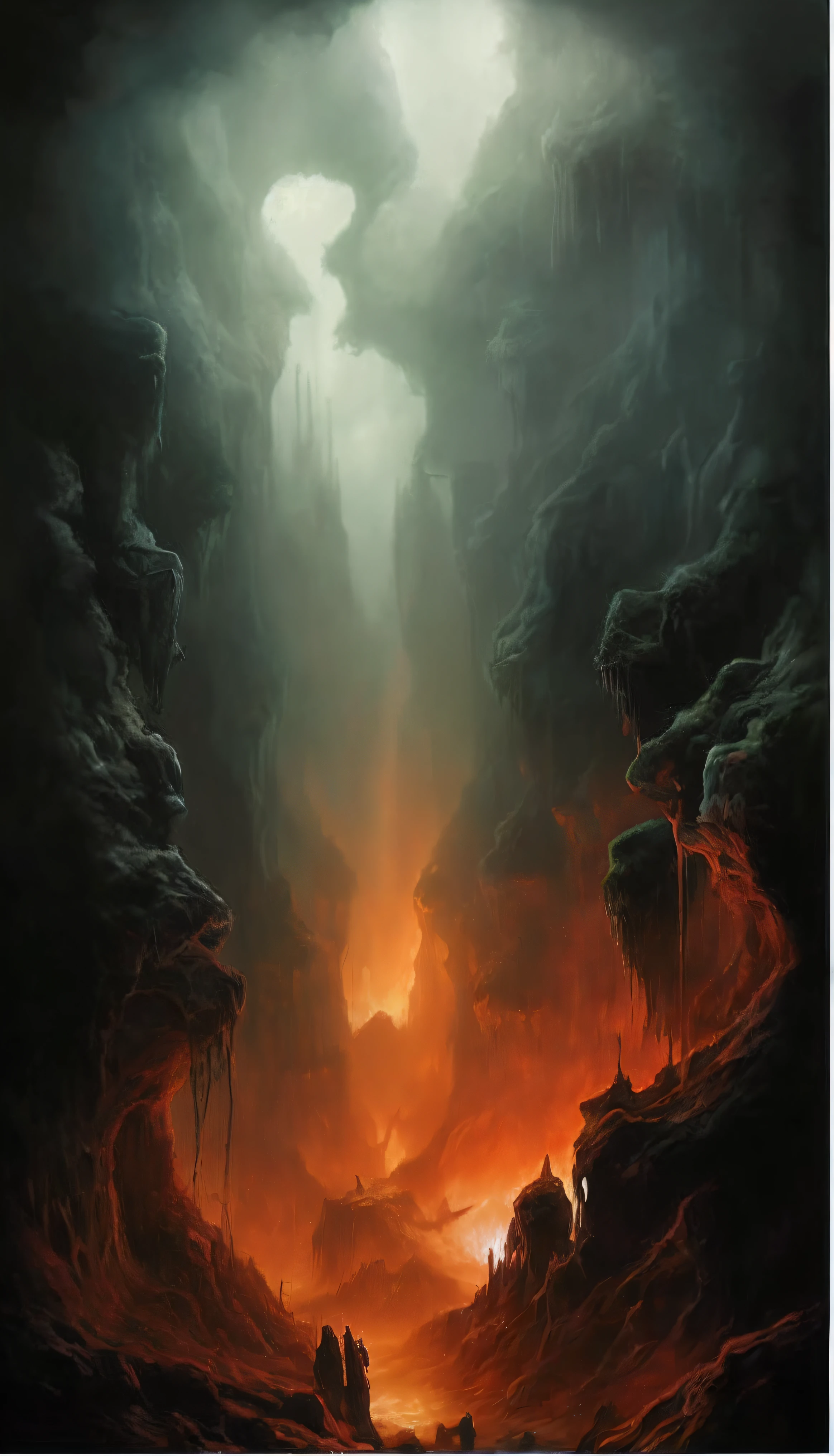 A painting of a man sitting on a rock in a cave, Hellscape, Mouth of hell, beksinski and dan mumford, fantasy horror art, Ominous fantasy illustration, dark fantasy horror art, high detaled beksinski painting, highly detailed beksinski art, Hell background, Grimdark Matte Fantasy Painting, Inspired by Beksinski, horror fantasy art ,ultra-realistic realism, high detal, hyper HD