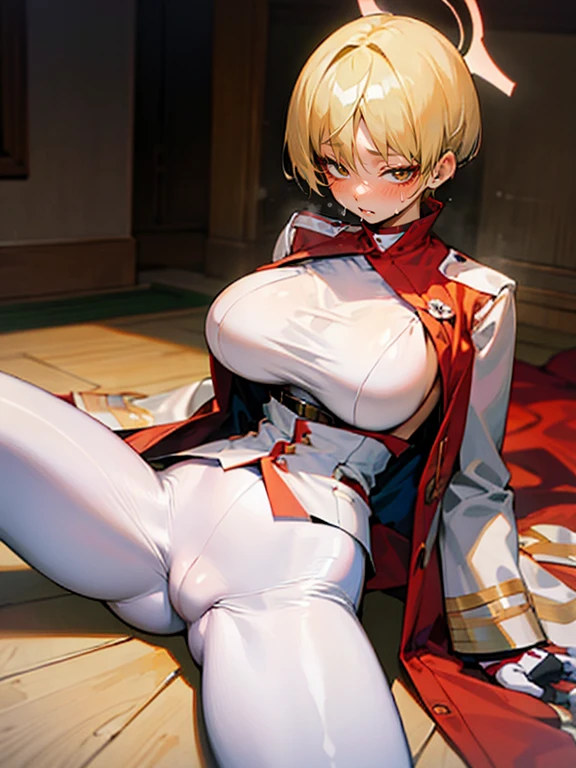 ((Best Quality)), ((masutepiece)), 1girl in,Detailed details,Blonde hair,tight white pants,huge tit,short-hair,Halo,Spread your legs wide,Sweating,s asleep,