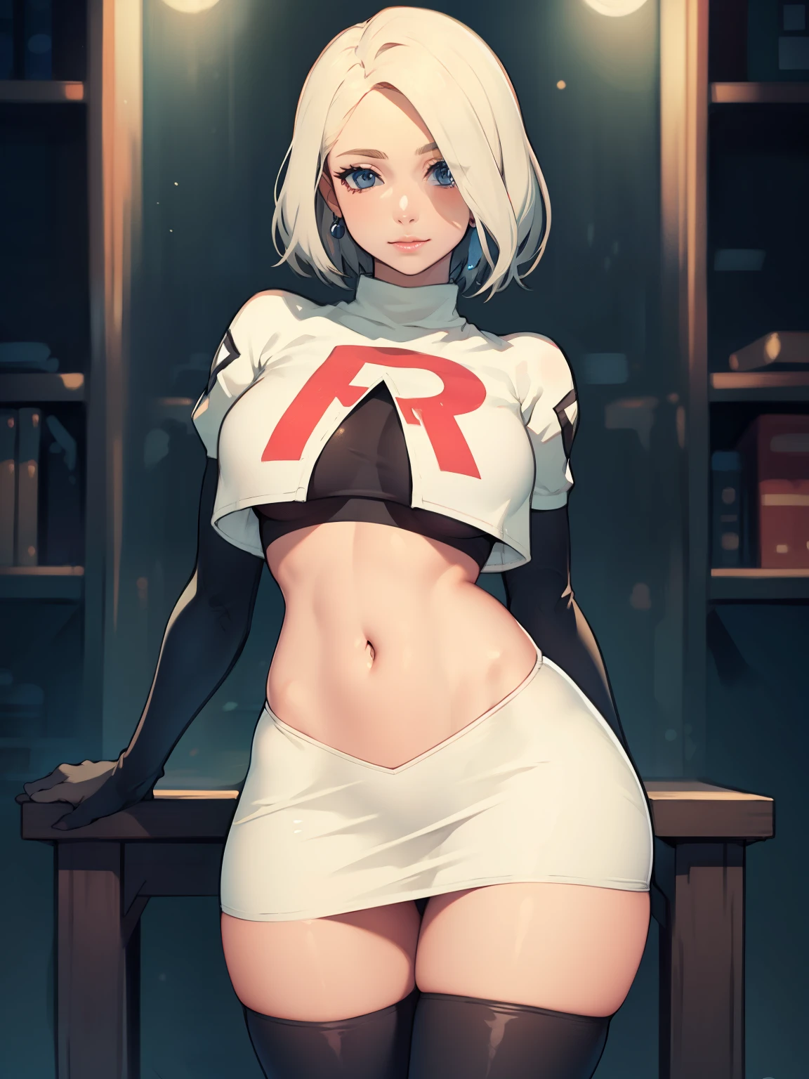 warMercedes, short hair ,glossy lips ,team rocket uniform, red letter R, white skirt,white crop top,black thigh-high boots, black elbow gloves, looking at viewer, cowboy shot