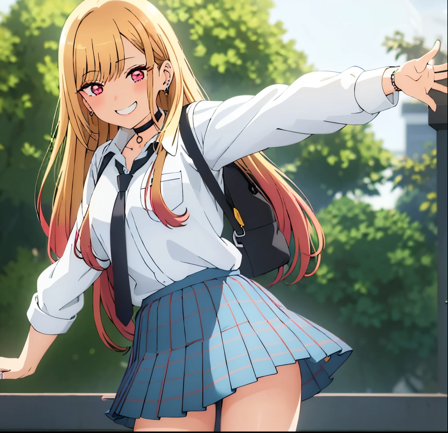 masterpiece, best quality, highres, kitagawa marin, 1girl, alone blonde hair, long hair, multicolored hair, red eyes, jewelry, earrings, piercing, school uniform, white shirt, tied shirt, black choker, blue necktie, plaid skirt, grin, smile, standing, cowboy shot, outdoors, good hands, good anatomy