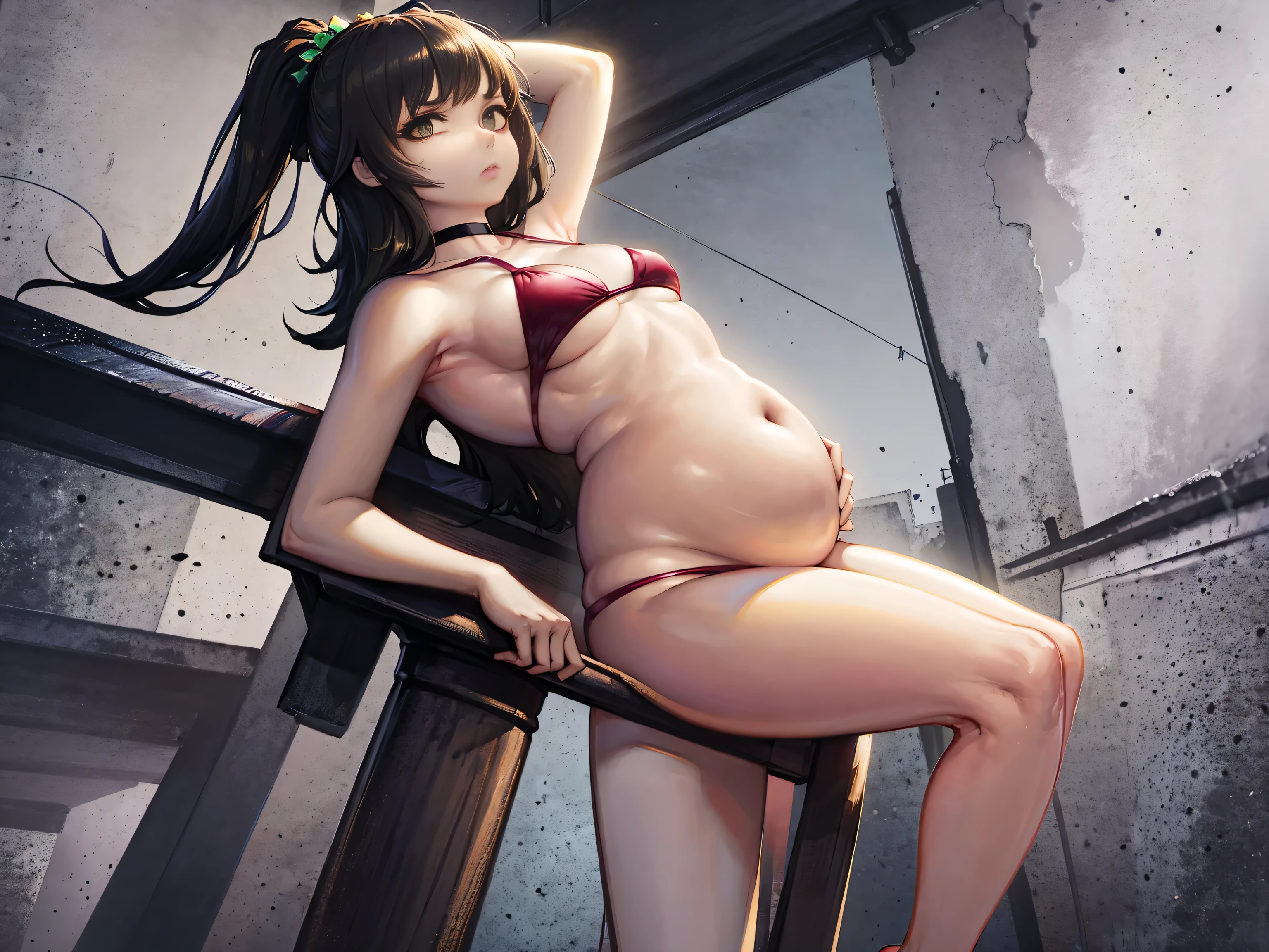 ((masterpiece)), (((best quality))), art by kipteitei, 1girl, solo, black hair, pale skin, green eyes, long hair, frown, pink bikini, choker, small belly, arms behind head, looking at viewer, ultra high definition