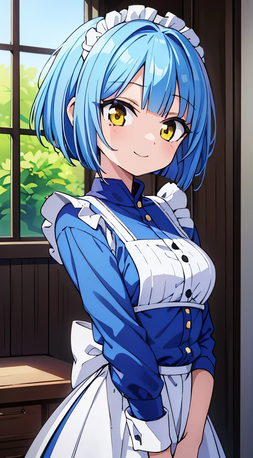 masterpiece, best quality, extremely detailed, anime, girl, blunt bang, skyblue hair, yellow eyes, girl, light smile, blue tracksuit maid, mullet hairstyle, bob cut