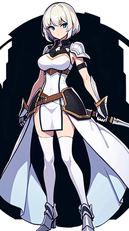 (((Best Quality))) , ((full body)), female, reference sheet, solo, (white background), holding weapon, gloves, slit trench skirt, armored dress,