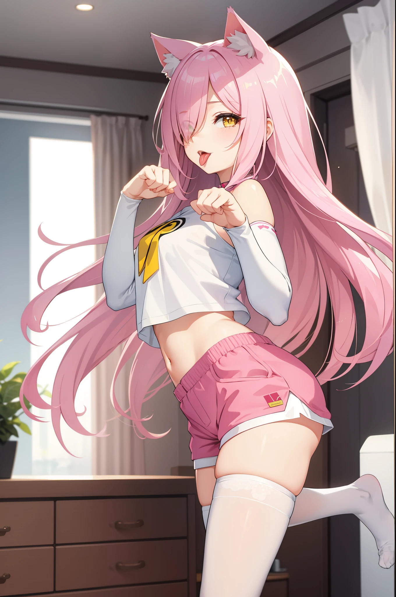 (masterpiece), best quality, perfect face,on bedroom,view from side,1catgirl,Beautiful yellow eyes,cat ears,(cat tail),Long pink hair,((hair over one eye)),(plain White t-shirt with crop top),(pink hot pants),(white stocking,white detached sleeve),bare shoulders,diamond necklace,(perfect anatomy:1.2),(paw pose,tongue out,standing on one leg)