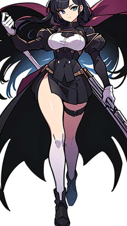 (((Best Quality))) , ((full body)), female, reference sheet, solo, (white background), holding weapon, gloves, slit trench skirt, backless skirt,