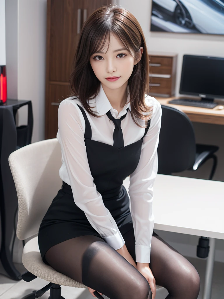 (Realistic, photo-Realistic:1.37), (masutepiece), (Best Quality:1.4), (超A high resolution:1.2),(Raw photo:1.2), 1girl in、femele、Wavy black hair、shorth hair、super detailed beautiful eyes,hyperdetailed face,brand bunguest quality, Full body portrait, Delicate face, Pretty Face, super detailed slim figure, Office Lady Uniform，Office Clothes, ultra detail business suit,Black pantyhose, cabelos preto e longos，adolable，ssmile，Long legs，sit pose，Sit on a super detailed chair,cross your legs correctly,high-heels,Ultra Detailed feet,Ultra detailed hands,Beautiful hands,Beautiful feet,accurate hands,Precise feet,Hide your mouth with your hands