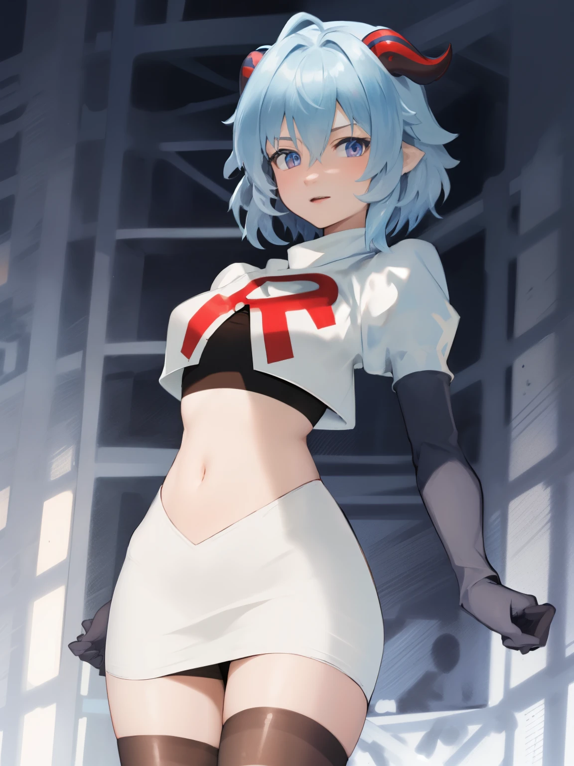 ganyudef, short hair, light blue hair, horns on head, team rocket,team rocket uniform, red letter R, white skirt,white crop top,black thigh-highs,black elbow gloves