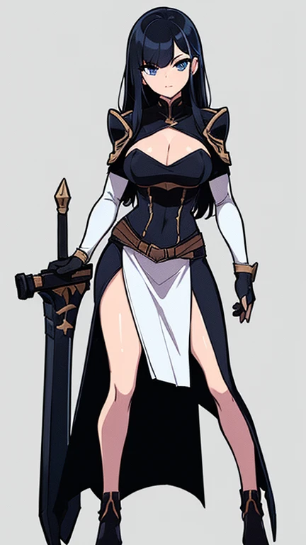 (((Best Quality))) , ((full body)), female, reference sheet, solo, (white background), holding weapon, gloves, slit trench skirt, armored dress, side slit microskirt,