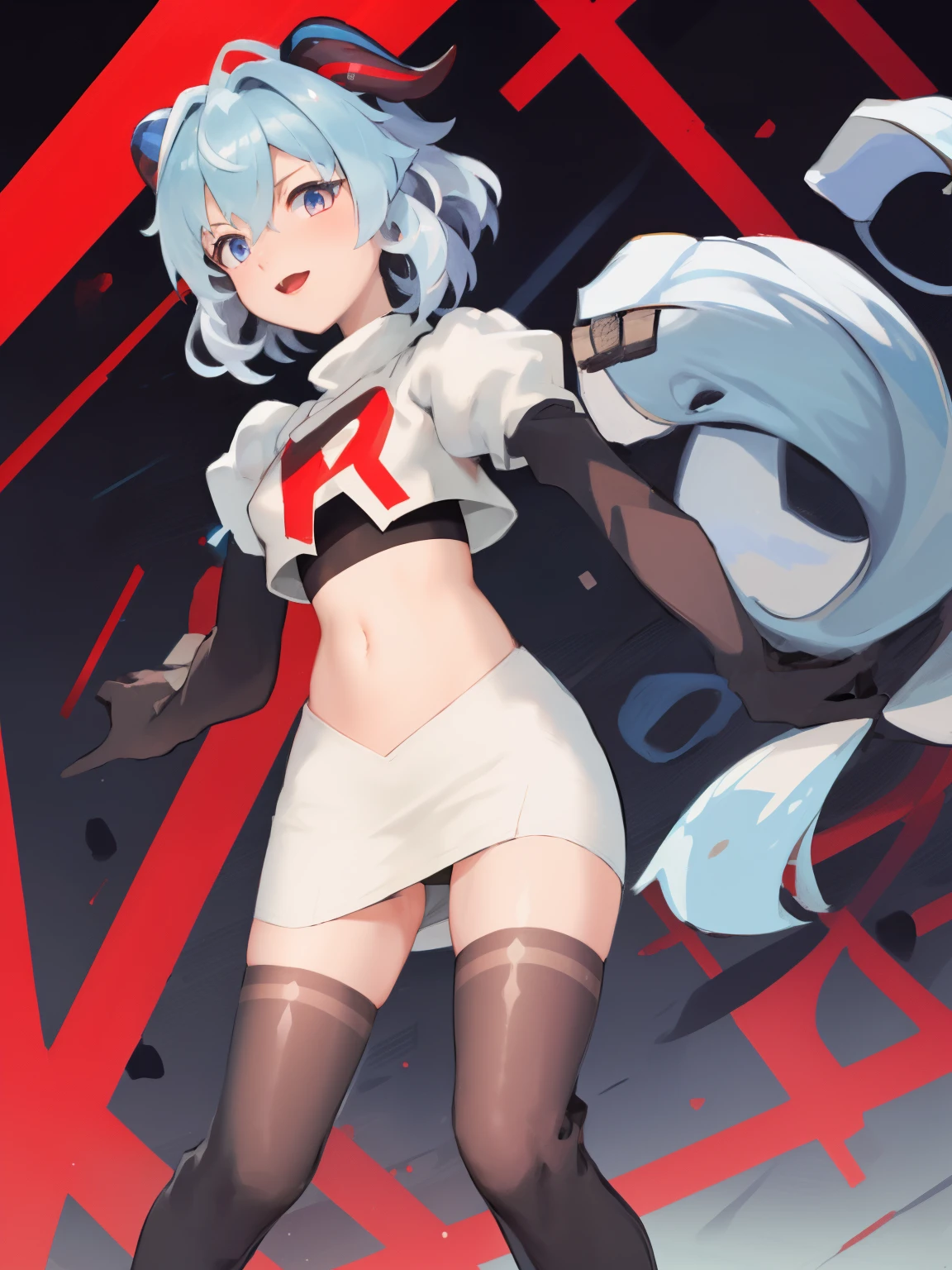 ganyudef, short hair, light blue hair, horns on head, team rocket,team rocket uniform, red letter R, white skirt,white crop top,black thigh-highs,black elbow gloves