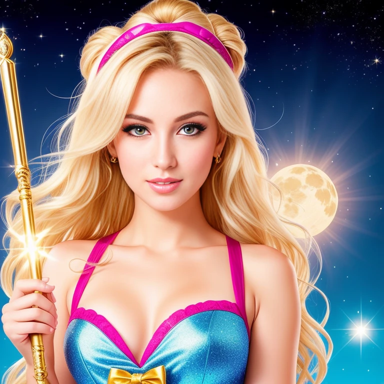 (best quality,8k,1750HD resolution),Mature and realistic depiction:1.2,Sailor Moon confidently wielding the Moon wand,flowing blonde hair,trendy 2000s fashion,beautiful detailed eyes,detailed lips,extremely detailed eyes and face,long eyelashes,vivid colors,textured fabric,portraits,radiant light,captivating dynamic pose,sparking magical effects