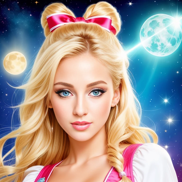 (best quality,8k,1750HD resolution),Mature and realistic depiction:1.2,Sailor Moon confidently wielding the Moon wand,flowing blonde hair,trendy 2000s fashion,beautiful detailed eyes,detailed lips,extremely detailed eyes and face,long eyelashes,vivid colors,textured fabric,portraits,radiant light,captivating dynamic pose,sparking magical effects
