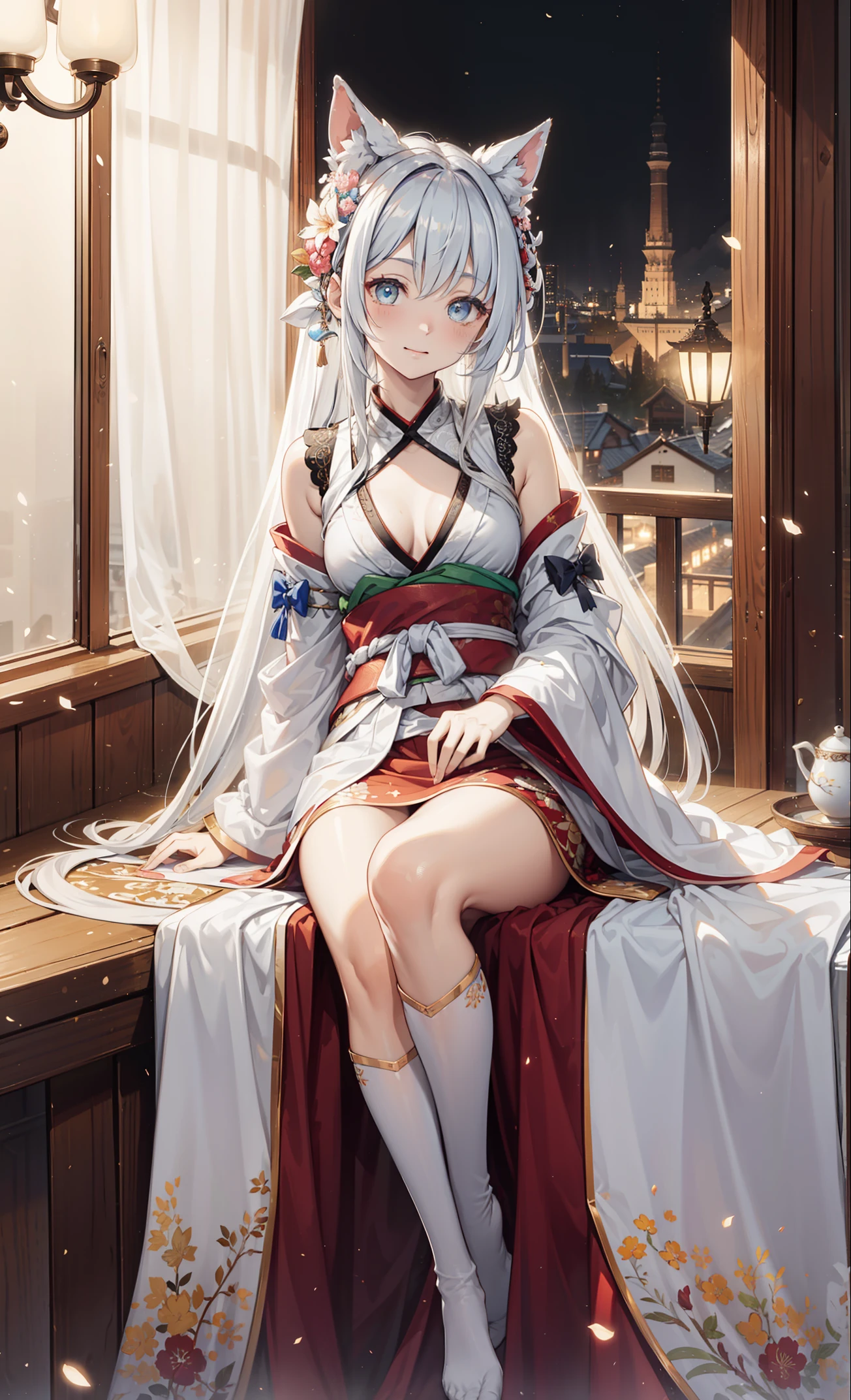 (Best quality,4K,8K,A high resolution,tmasterpiece:1.2),ultra - detailed,beuaty girl,obsessed,enchanting,cheerfulness,Sankta,magical effect,silvery white hair,Hanfu,,Sophisticated attire,Detailed lace,Bedrooms,Solitude,during night,lace hose,神Sankta条纹,transparent costume，Brilliant colors