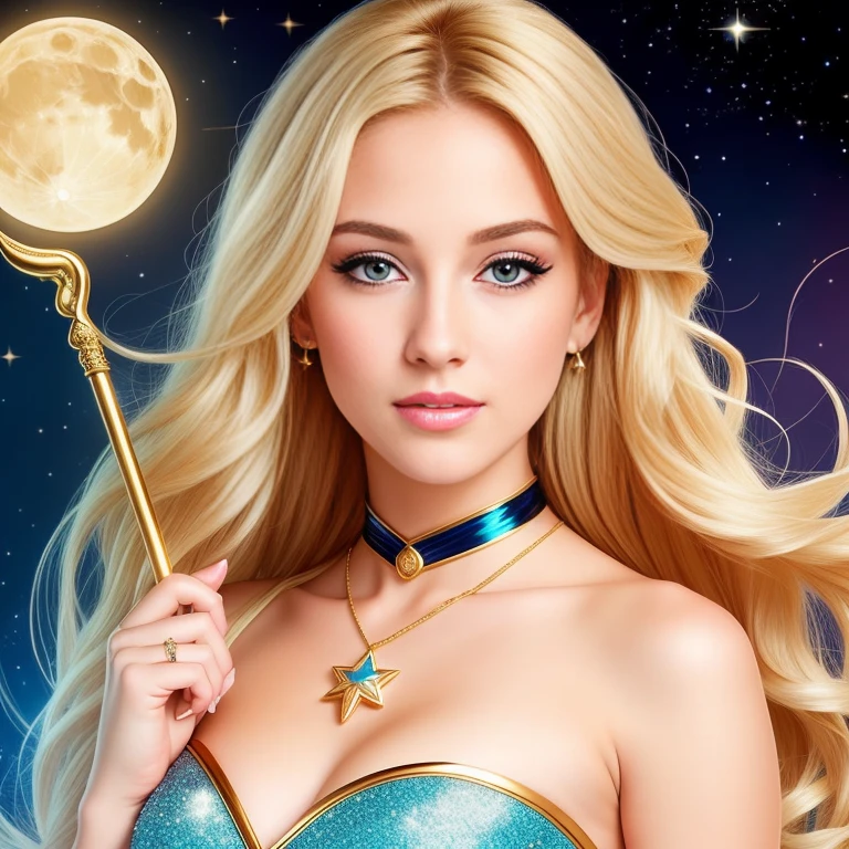 (best quality,8k,1750HD resolution),Mature and realistic depiction:1.2,Sailor Moon confidently wielding the Moon wand,flowing blonde hair,trendy 2000s fashion,beautiful detailed eyes,detailed lips,extremely detailed eyes and face,long eyelashes,vivid colors,textured fabric,portraits,radiant light,captivating dynamic pose,sparking magical effects