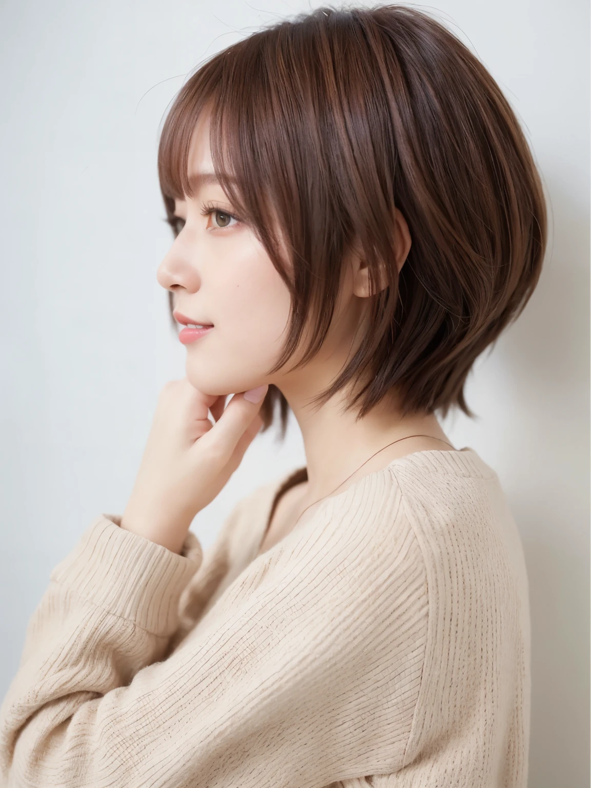 white walls、Taken in front of the white door、(窓のあるwhite wallsの部屋)、(8K、Raw photography、top-quality、masterpiece:1.2)、high-definition RAW color photography、professional photograpy、(realisitic、フォトrealisitic:1.37)、Shot in natural light、1girl in、A smile、(Poses variadas)、Crouch down、crouching down、BREAK (Ombre:1.3) 、Winter clothes、 Necklace、(Beautiful profile:1.3)、Don't look at the camera、profile、short-cut、((Brown hair)、short-hair、Eye color is dark brown、(Beautiful profile:1.3)、correct hand of human body、Depressed、appearance々Clothes