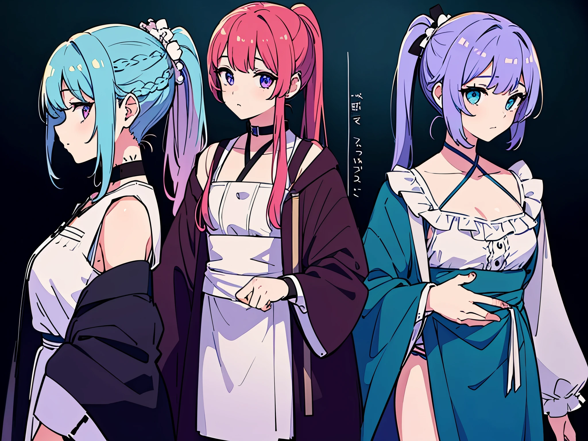 twins sister, hairstyles different, hair colors different, iris colors different, eye colors different, outfit styles different,