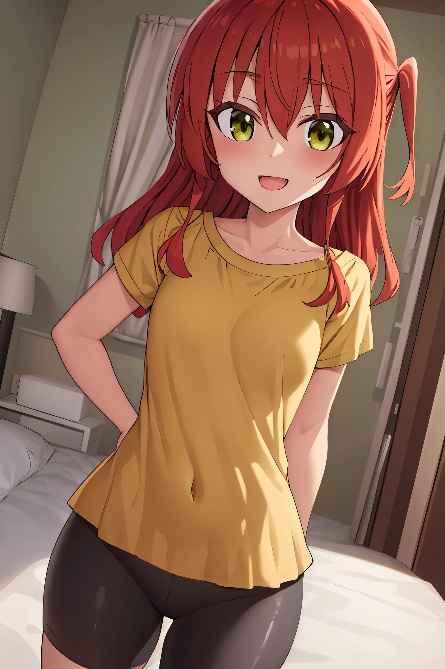 1 girl, best quality, ultra high res, long hair, red hair, green eyes, looking at viewers, small breast, standing, pov, slim body, loli body, small body, smile, open mouth, yellow shirt, short sleeves, bike shorts, bedroom, white bed sheets,