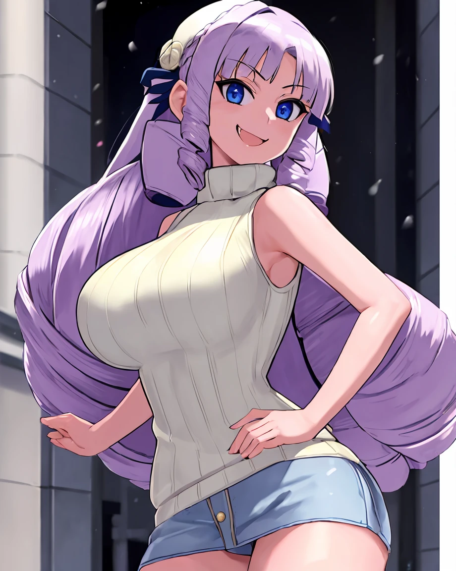 1girl, Giant Ojou Sama, sweater, turtleneck, street, smile, standing, sleeveless, Fujido Oriko, blue eyes, cowboy shot, drill hair, fang, large breasts, long hair, purple hair, white hair, 1girl, masterpiece, best quality, highly detailed