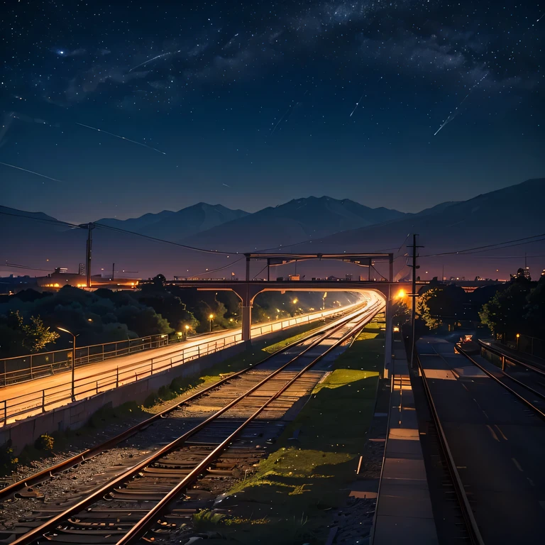 deep in the night、The lights of a rural town in the distance、Along the railroad tracks、Flowing scenery