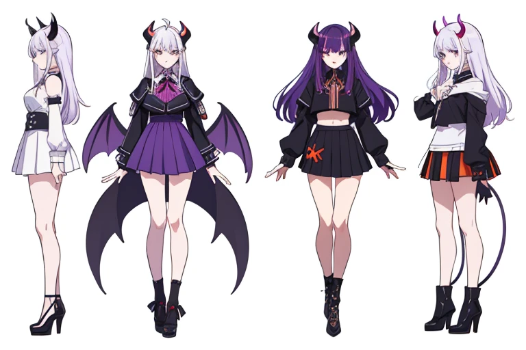 (((Best Quality))) , ((full body)), reference sheet, (white background), demon horns, succubus, mini skirt, character design, violet outfit, ,Devil Wings,
multiple characters, white background, variety of hairstyles, variety of fashion styles, seductive pose, fashionable and trendy atmosphere,
blue, orange, green, violet, brown, white,
