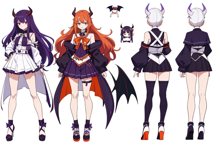 (((Best Quality))) , ((full body)), reference sheet, (white background), demon horns, succubus, mini skirt, character design, violet outfit, ,Devil Wings,
multiple characters, white background, variety of hairstyles, variety of fashion styles, seductive pose, fashionable and trendy atmosphere,
blue, orange, green, violet, brown, white,