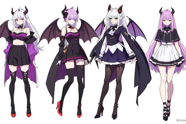(((Best Quality))) , ((full body)), reference sheet, (white background), demon horns, succubus, mini skirt, character design, violet outfit, ,Devil Wings,
multiple characters, white background, variety of hairstyles, variety of fashion styles, seductive pose, fashionable and trendy atmosphere,
blue, orange, green, violet, brown, white,