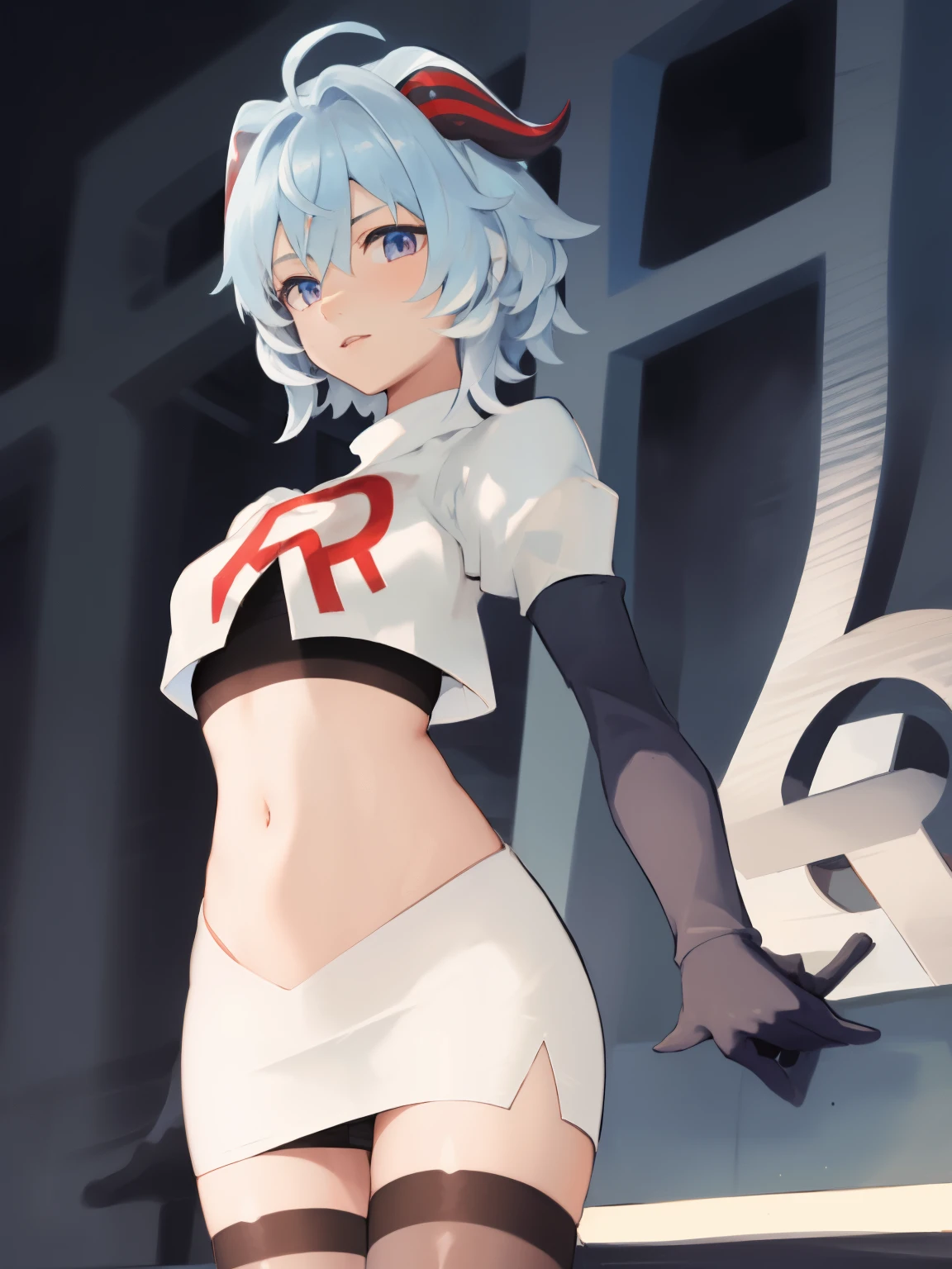 ganyudef, short hair, light blue hair, horns on head, team rocket,team rocket uniform, red letter R, white skirt,white crop top,black thigh-highs,black elbow gloves