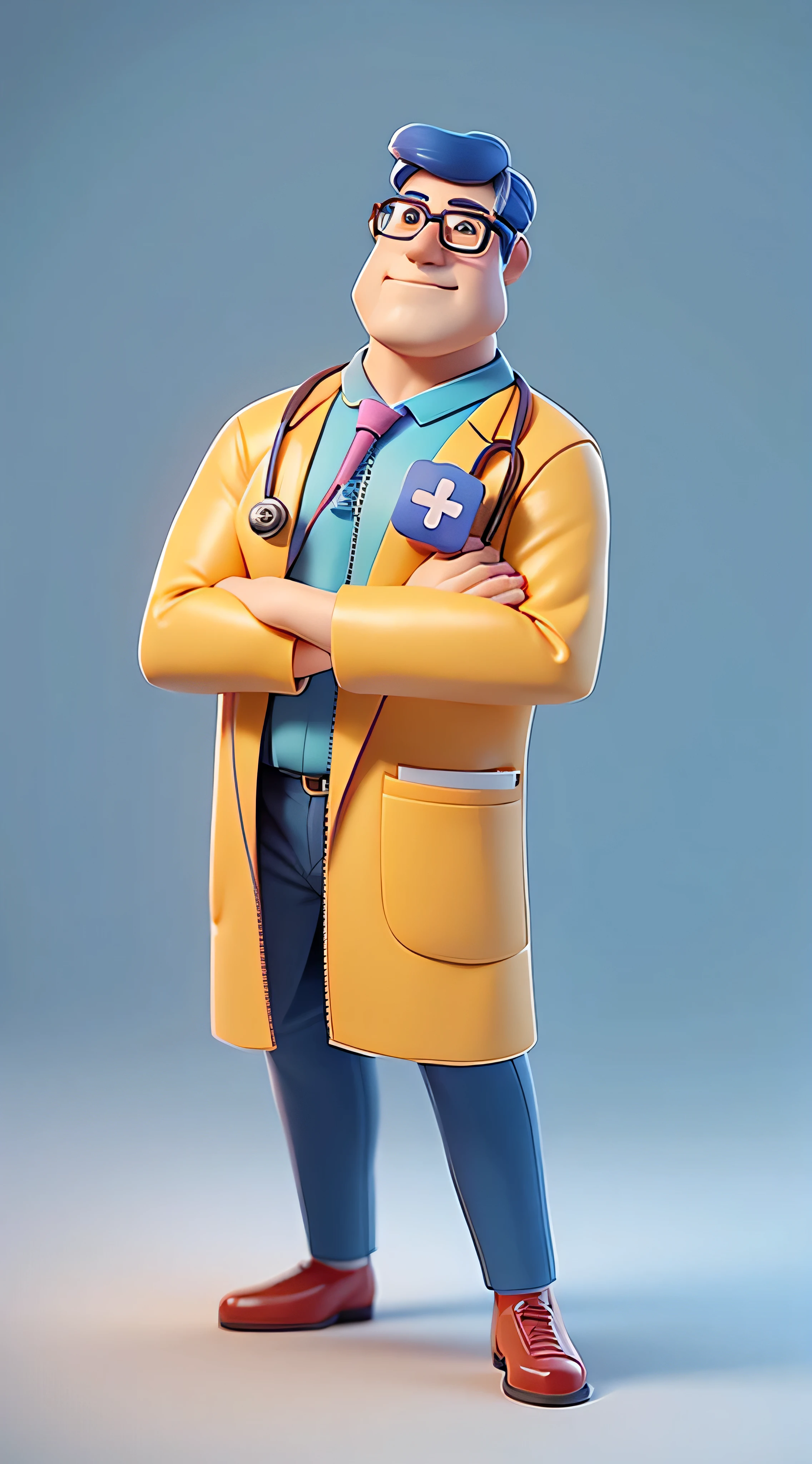 One wears glasses、Male doctor character wearing blue shirt, He has a stethoscope hanging around his neck, Animated characters, stylized characters, Animation-style rendering, 3D stylization, arnold maya render, stylized 3d render, Render key shots, 3d character, 3d character, stylized 3d render, 3d character渲染, 人物, Close-up characters, Character pose, (皮克Sri Lankan style) (The main part: 1.2) (Scattering) (Best quality at best) (delicate skin) (fine texture) (8K) (clay) (电影灯光) (Focus sharp)Sri Lankan style) (The main part: 1.2) (Scattering) (Best quality at best) (delicate skin) (fine texture) (8K) (clay) (电影灯光) (Focus sharp)