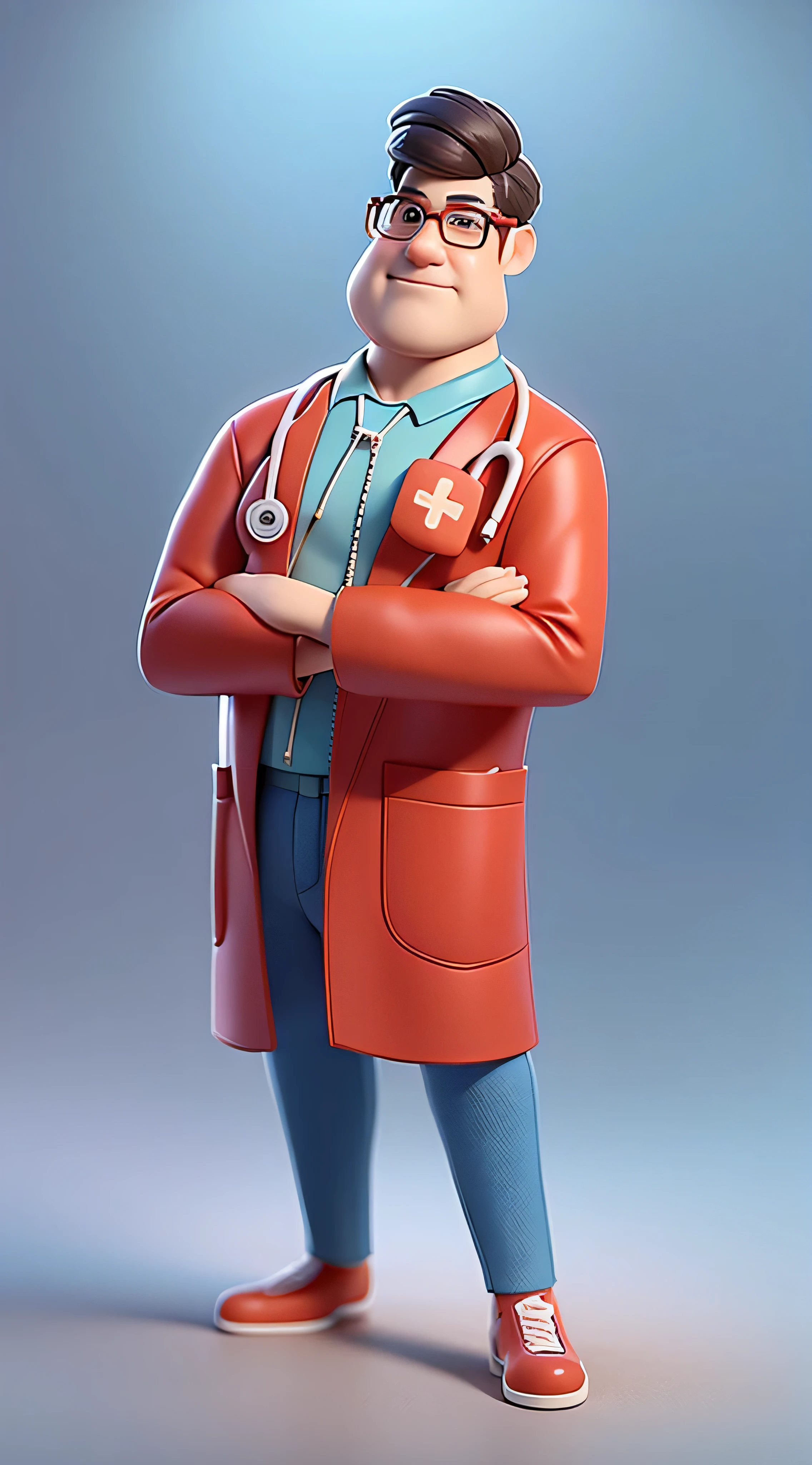 One wears glasses、Male doctor character wearing blue shirt, He has a stethoscope hanging around his neck, Animated characters, stylized characters, Animation-style rendering, 3D stylization, arnold maya render, stylized 3d render, Render key shots, 3d character, 3d character, stylized 3d render, 3d character渲染, 人物, Close-up characters, Character pose, (皮克Sri Lankan style) (The main part: 1.2) (Scattering) (Best quality at best) (delicate skin) (fine texture) (8K) (clay) (电影灯光) (Focus sharp)Sri Lankan style) (The main part: 1.2) (Scattering) (Best quality at best) (delicate skin) (fine texture) (8K) (clay) (电影灯光) (Focus sharp)
