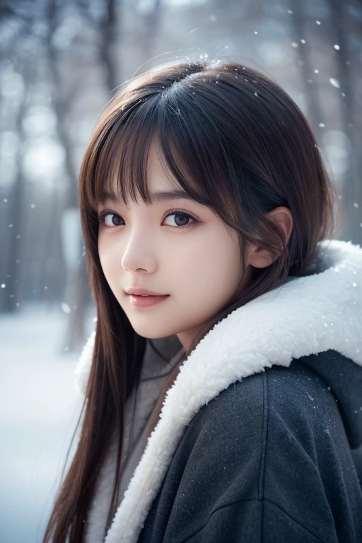 1girl in, (Wear winter clothes:1.2), (Unripe, Best Quality), (Realistic, Photorealsitic:1.4), masutepiece, Extremely delicate and beautiful, Extremely detailed, 2k wallpaper, amazing, finely detail, the Extremely Detailed CG Unity 8K Wallpapers, Ultra-detailed, hight resolution, Soft light, Beautiful detailed girl, extremely detailed eye and face, beautiful detailed nose, Beautiful detailed eyes, Cinematic lighting, Winter scene, Perfect Anatomy, Slender body, Taut, Straight semi-long hair, Bangs, Looking at Viewer, A slight smil
