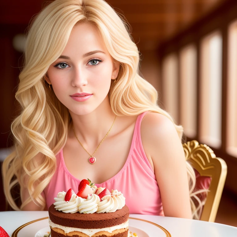 (best quality,4k,8k,high res,masterpiece:1.2),ultra-detailed, photorealistic, flaxen blonde hair,long hair, Mature and beautiful, realistic depiction:1.2 Sailor Moon eating chocolate strawberry cake
