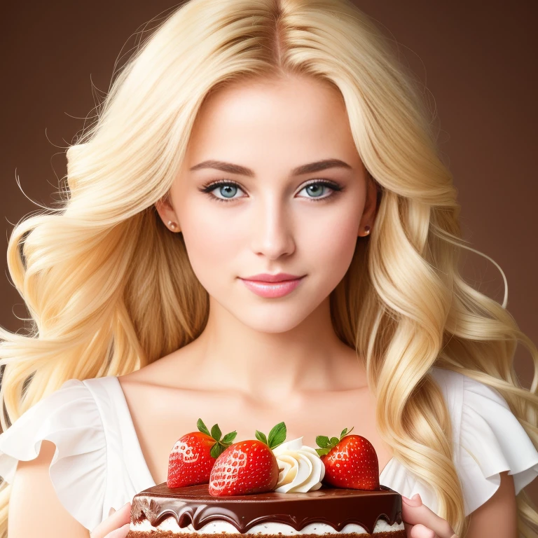(best quality,4k,8k,high res,masterpiece:1.2),ultra-detailed, photorealistic, flaxen blonde hair,long hair, Mature and beautiful, realistic depiction:1.2 Sailor Moon eating chocolate strawberry cake