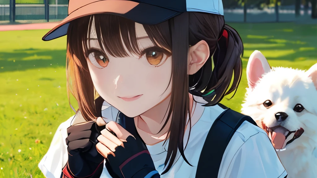 masterpiece、top-quality:1.2), 独奏, 1girl in, piper, Look at the viewers who are slightly happy., Brown hair, poneyTail, white t-shirts, denim, Puffy Short Sleeves, Fingerless gloves, (Brown hair, Short hair, Bangs, Black Baseball Cap),playing with the dog in the park,White Pomeranian,,detailed skin,Close-up shot