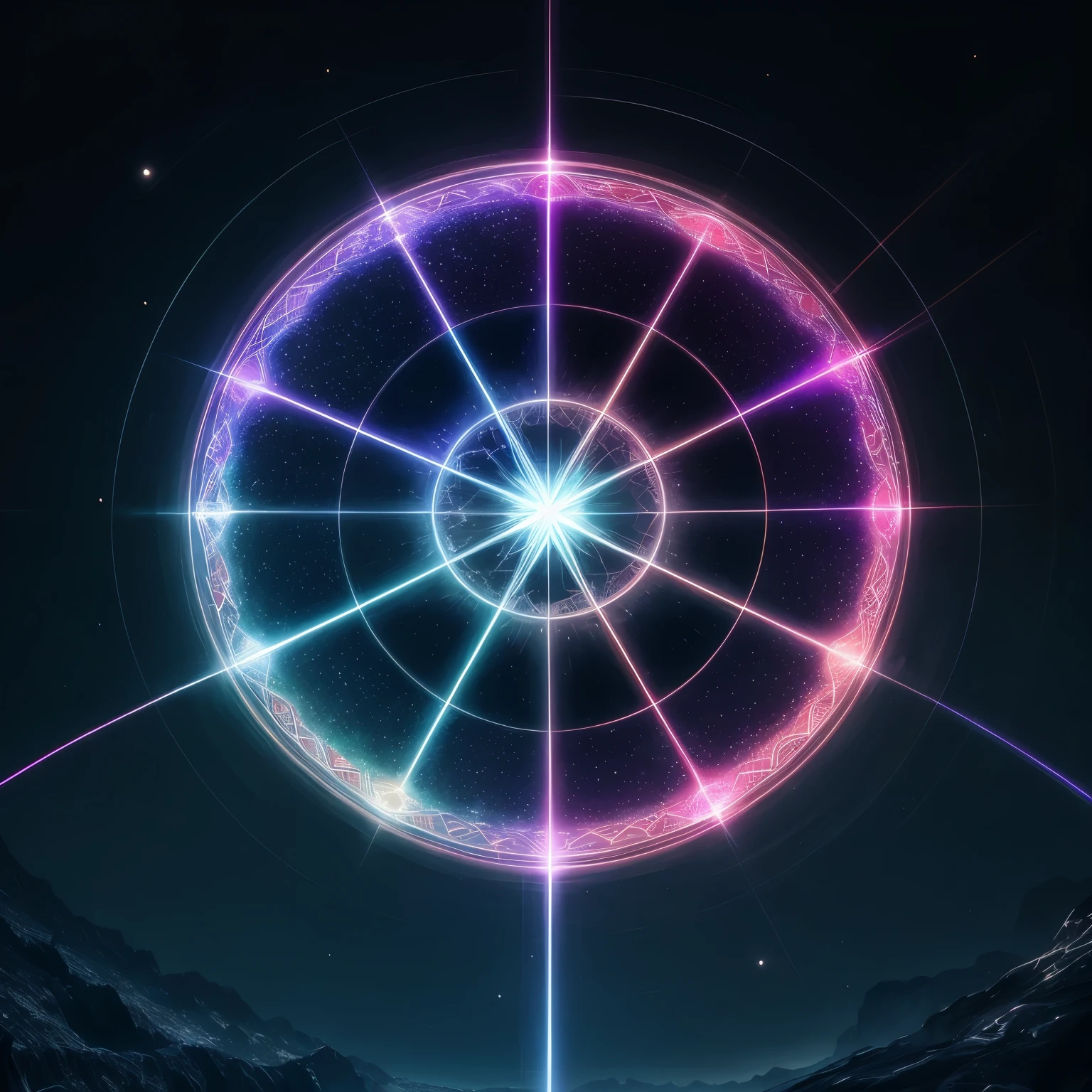 finest image, 8k, RAW photo, realistic, detailed, delicate, flashy and dynamic depiction, kaleidoscope, huge magic circle, pale full moon, static electricity, electric discharge, geometric pattern, irregularity, mysterious, sign of something happening, wide space at night, night sky, colorful, digital, art, background galaxy, rainbow colors neon line light, professional lighting