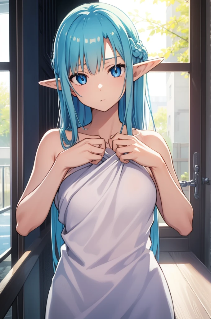 woman with blue hair, ((elf ears)), blush, long hair, (extremely detailed face), full body, (looking into camera), (realistic camera angle), in bedroom, leaning towards camera, smiling, ((nude)), visible boobs, naked arms, light pink nipples, (((masterpiece))), (((ultra high quality, 8k)))