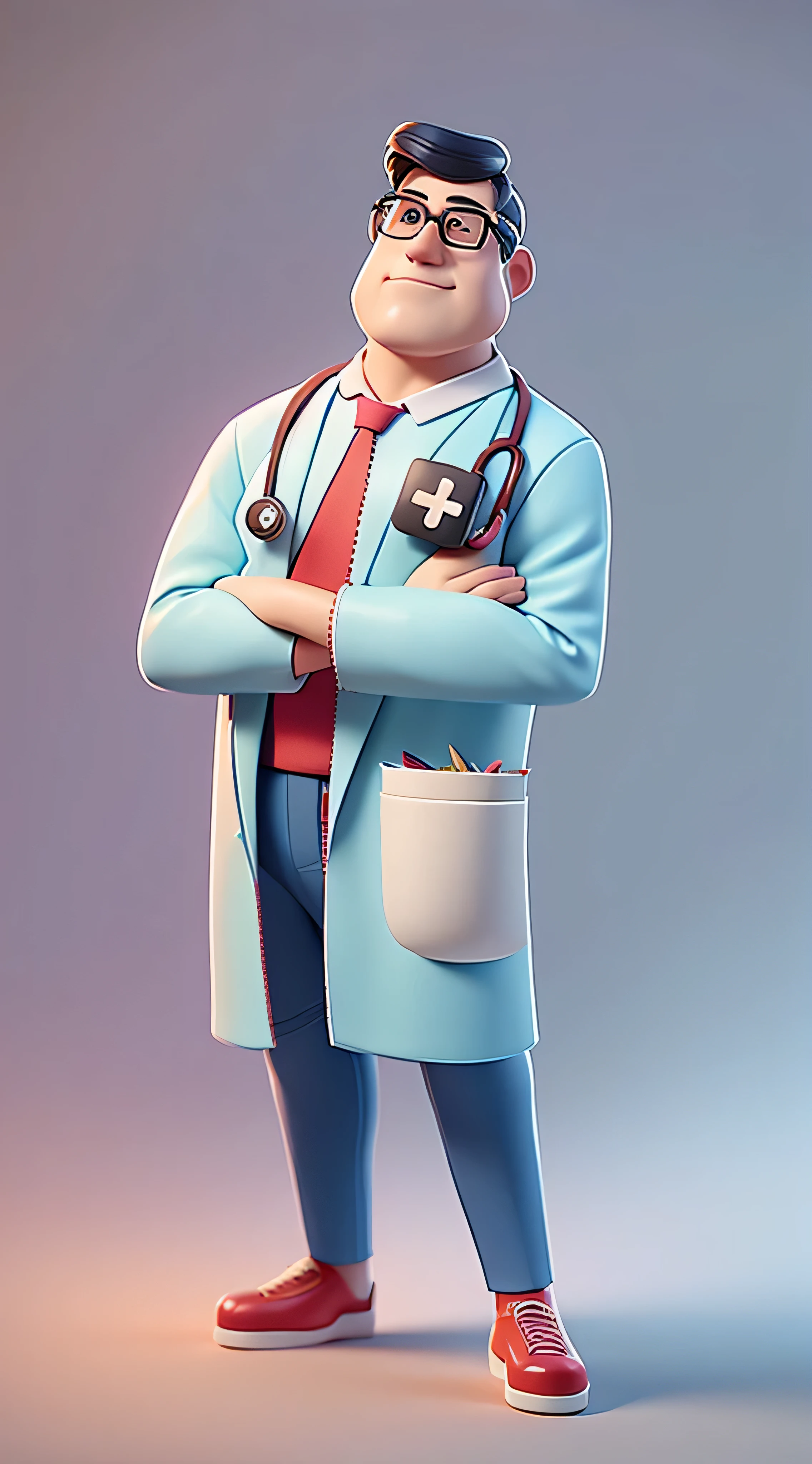 One wears glasses、Male doctor character wearing blue shirt, He has a stethoscope hanging around his neck, Animated characters, stylized characters, Animation-style rendering, 3D stylization, arnold maya render, stylized 3d render, Render key shots, 3d character, 3d character, stylized 3d render, 3d character渲染, 人物, Close-up characters, Character pose, (皮克Sri Lankan style) (The main part: 1.2) (Scattering) (Best quality at best) (delicate skin) (fine texture) (8K) (clay) (电影灯光) (Focus sharp)Sri Lankan style) (The main part: 1.2) (Scattering) (Best quality at best) (delicate skin) (fine texture) (8K) (clay) (电影灯光) (Focus sharp)