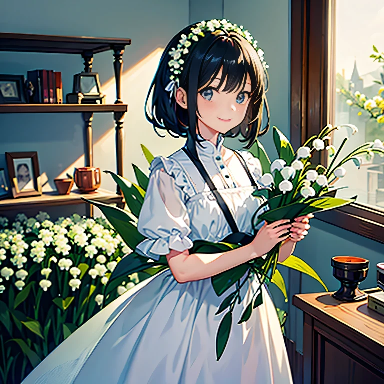 Florist, 1girl in, A girl holding a potted lily of the valley, Outstanding smile, ((A dark-haired)), Night time