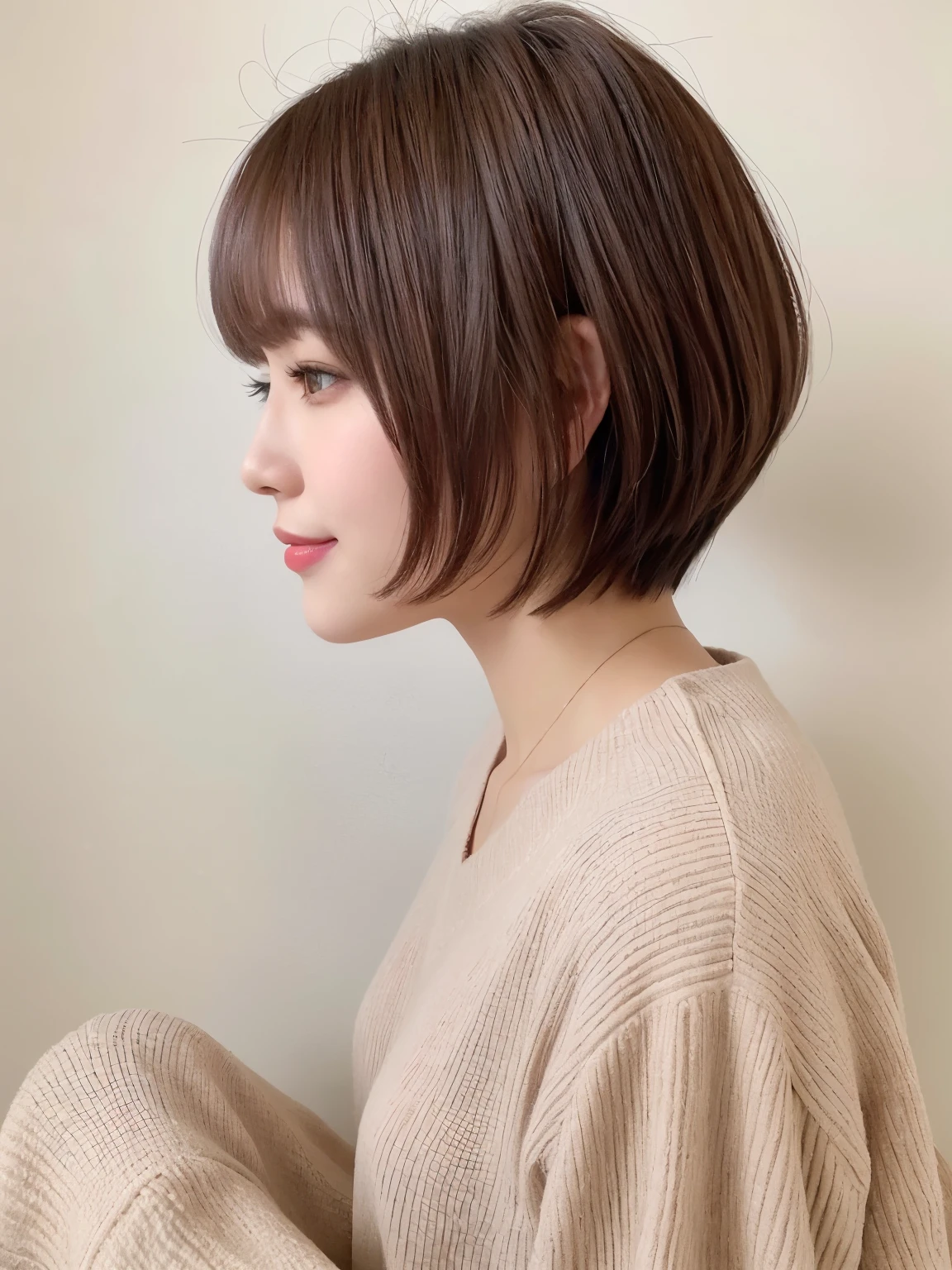 white walls、Taken in front of the white door、(窓のあるwhite wallsの部屋)、(8K、Raw photography、top-quality、​masterpiece:1.2)、high-definition RAW color photography、professional photograpy、(realisitic、フォトrealisitic:1.37)、Shot in natural light、1girl in、A smile、(Poses variadas)、Crouch down、crouching down、BREAK (Ombre:1.3) 、Winter clothes、 Necklace、(Beautiful profile:1.3)、Don't look at the camera、profile、short-cut、((Brown hair)、short-hair、Eye color is dark brown、(Beautiful profile:1.3)、correct hand of human body、Depressed、appearance々Clothes