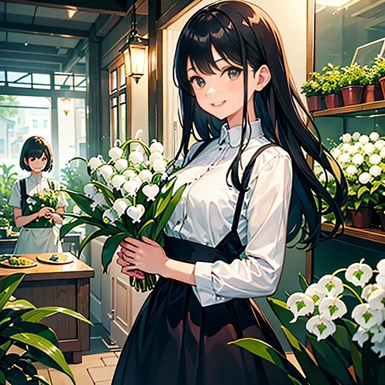 Florist, 1girl in, A girl holding a potted lily of the valley, Outstanding smile, ((A dark-haired)), Night time