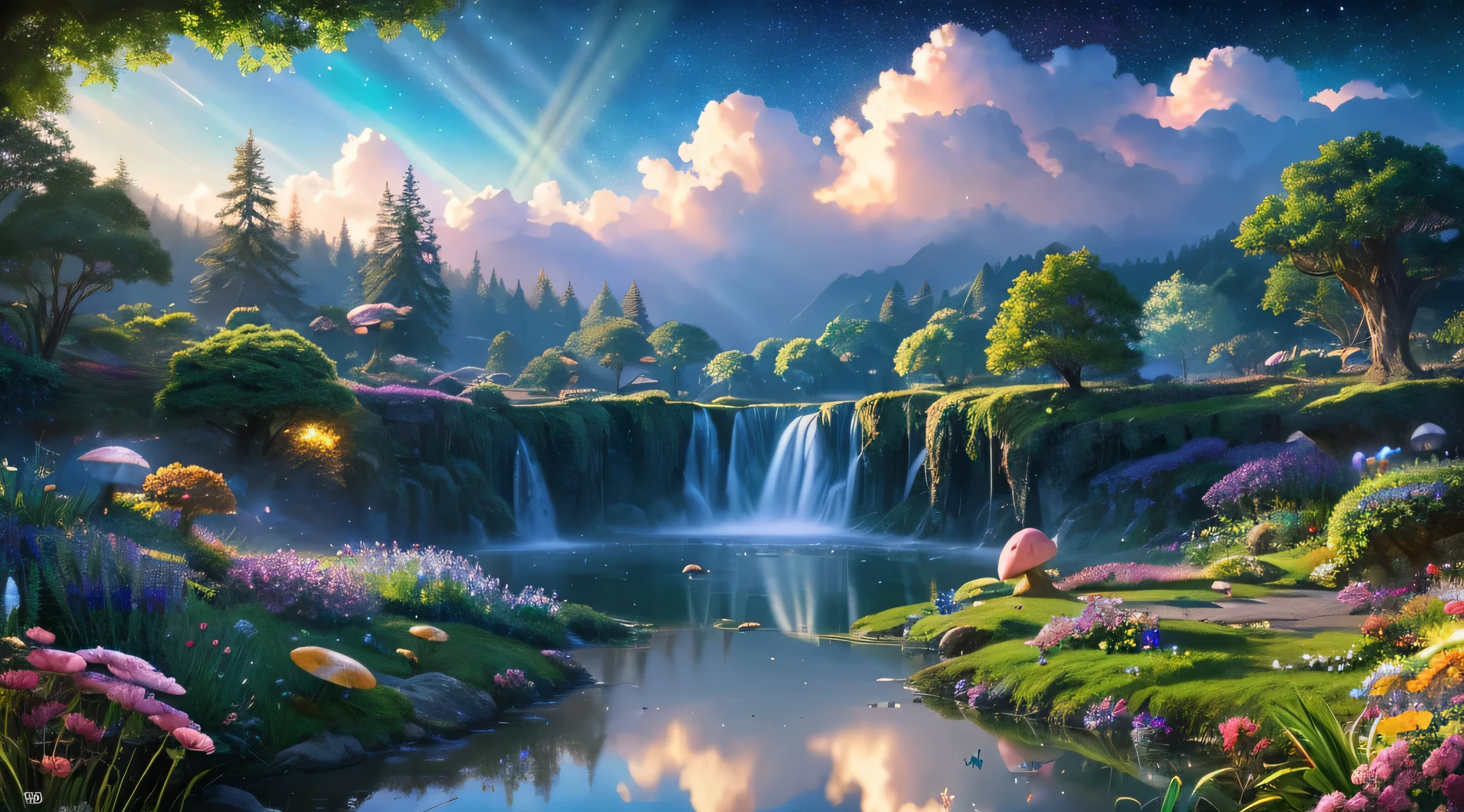 (Best Quality,4K,8K,hight resolution,masutepiece:1.2),Ultra-detailed,(Realistic,photoRealistic,photo-Realistic:1.37),landscape,Dreamy,Ethereal,Fantastic Fantasy,Enchanted,Twilight,hazy,Serene,peaceful,Soft Focus,capricious,Pastel tones,Colorful,Fantasy elements,Magical,Mystical,Unreal,a mythical creature,Magical creatures,Floating islands,Majestic waterfall,vivid flowers,giant mushroom,Magical plants,Twinkling lights,Um ser celestial,starrysky,cloud formation,water reflections,calm sea,Mystical fog,peaceful meadows,Quiet forest,Enchanted castles,Hidden Pathways,The tree々The sun's rays penetrating between,Soft and gentle breeze,birds singing,Harmony of nature and fantasy,illuminated by the moonlight,sparkling stars.
Be careful:Regarding the request not to draw people,Tags that describe characters can be omitted throughout the prompt。。