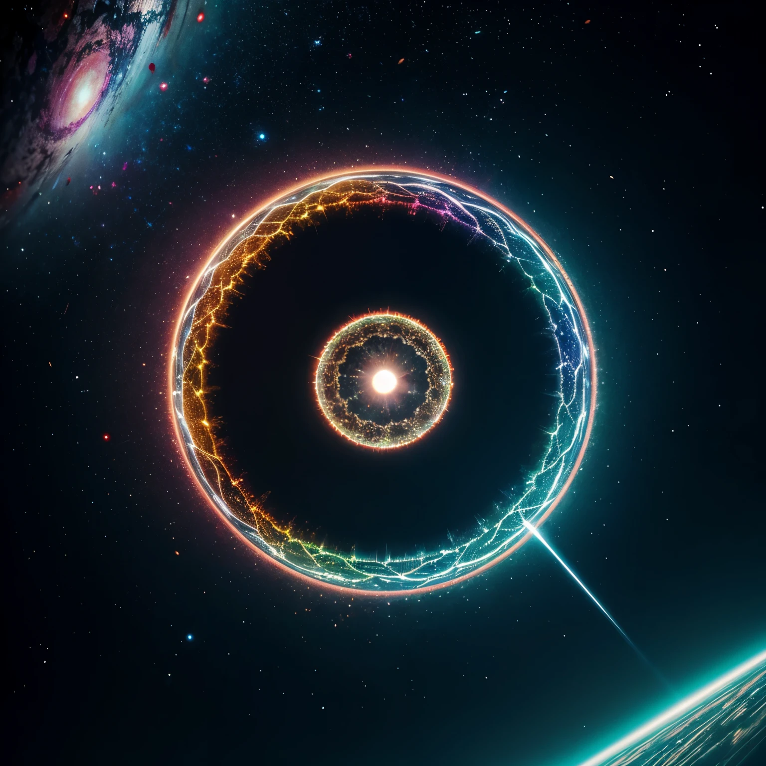 finest image, 8k, RAW photo, realistic, detailed, delicate, flashy and dynamic depiction, kaleidoscope, huge magic circle, pale full moon, static electricity, electric discharge, geometric pattern, irregularity, mysterious, sign of something happening, wide space at night, night sky, colorful, digital, art, background galaxy, rainbow colors neon line light, professional lighting