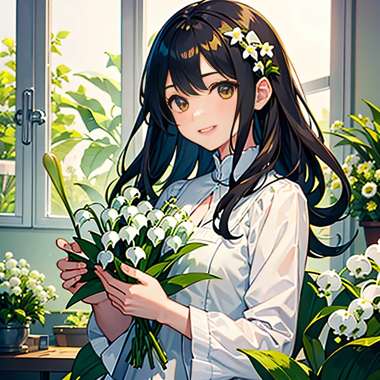 Florist, 1girl in, A girl holding a potted lily of the valley, Outstanding smile, ((A dark-haired))