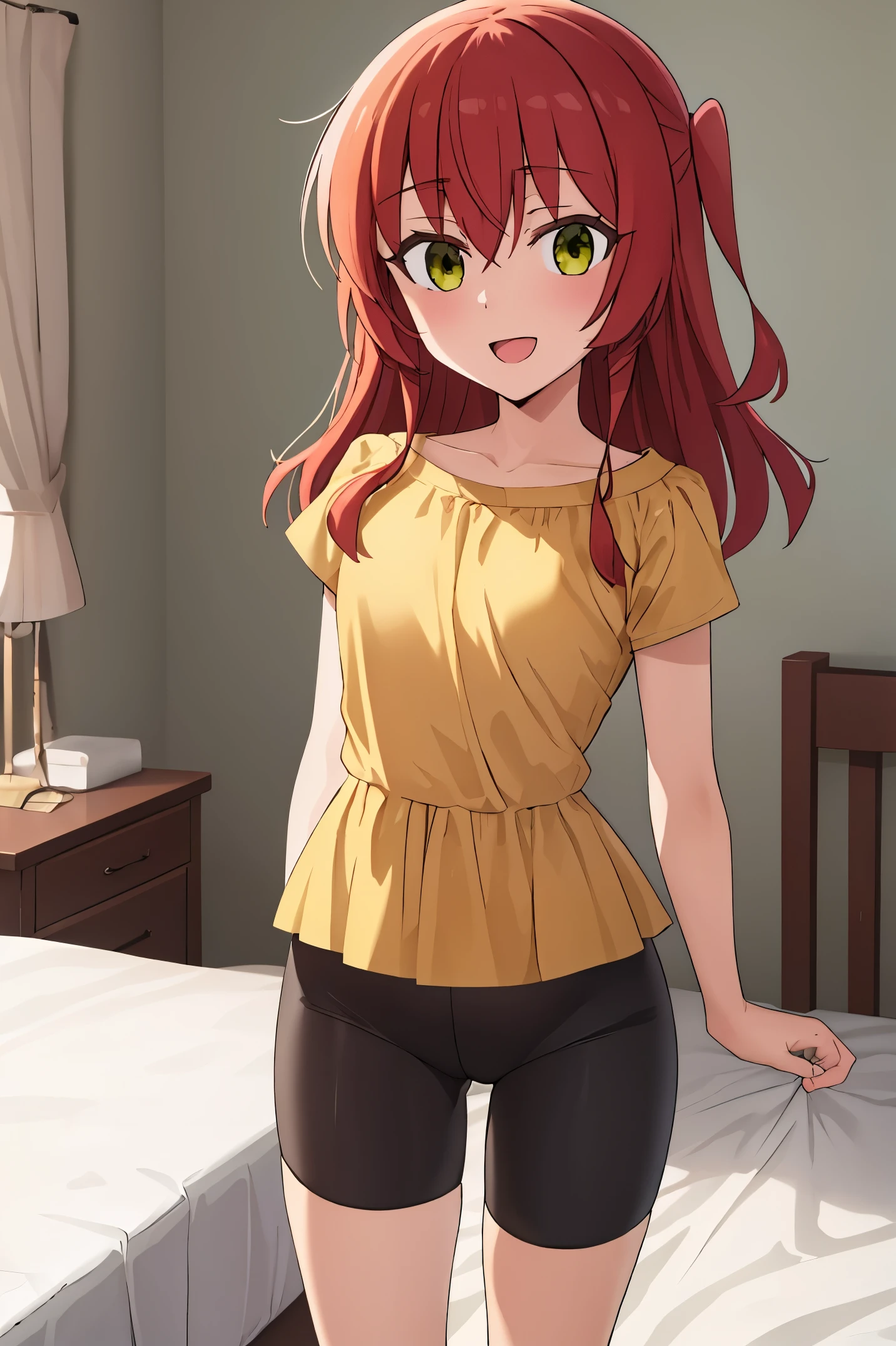 1 girl, best quality, ultra high res, long hair, red hair, green eyes, looking at viewers, small breast, standing, pov, slim body, loli body, small body, smile, open mouth, yellow shirt, short sleeves, bike shorts, bedroom, white bed sheets,