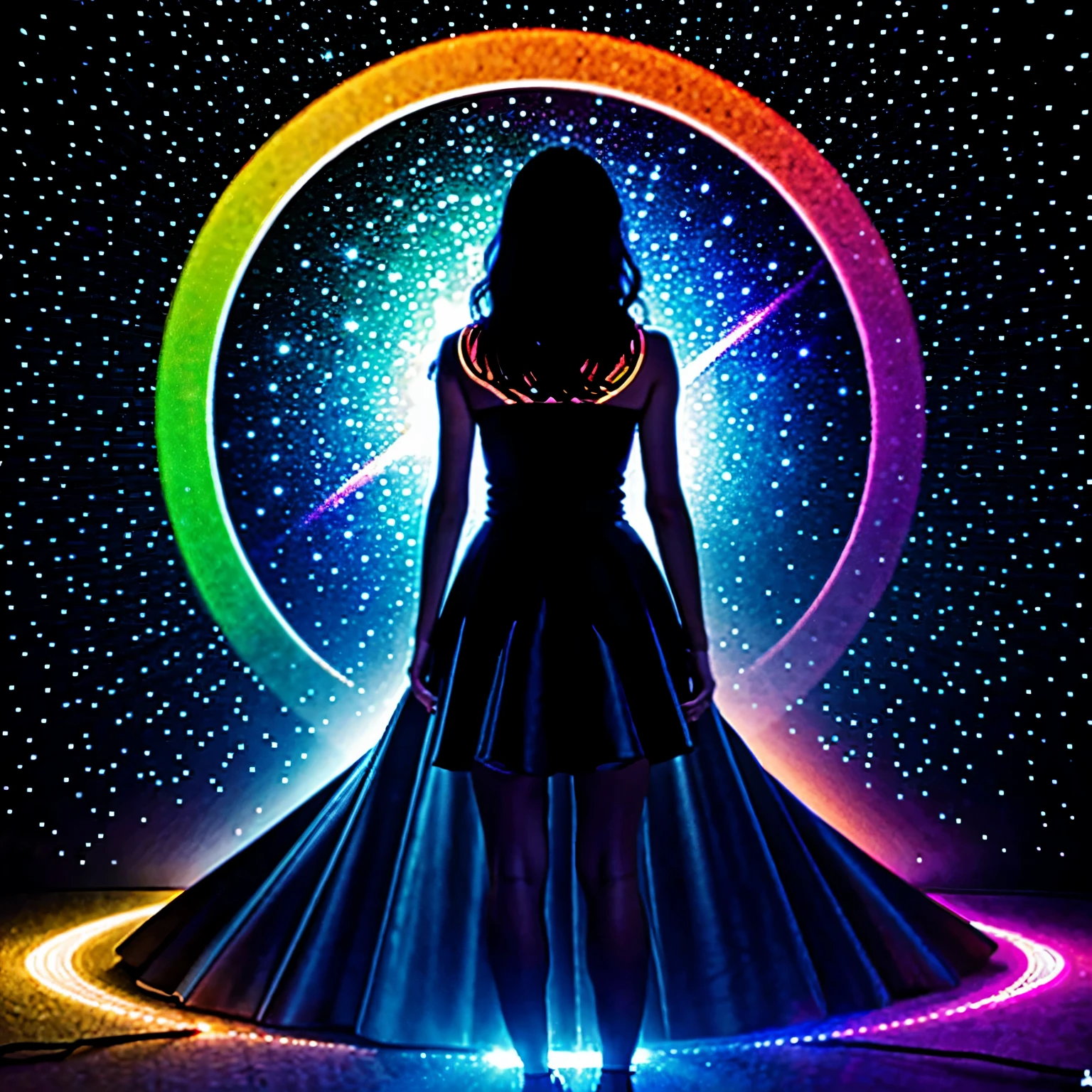 finest image, 8k, RAW photo, realistic, detailed, delicate, flashy and dynamic depiction, kaleidoscope, huge magic circle, pale full moon, static electricity, electric discharge, geometric pattern, irregularity, mysterious, sign of something happening, wide space at night, night sky, colorful, digital, art, background galaxy, rainbow colors neon line light, professional lighting
