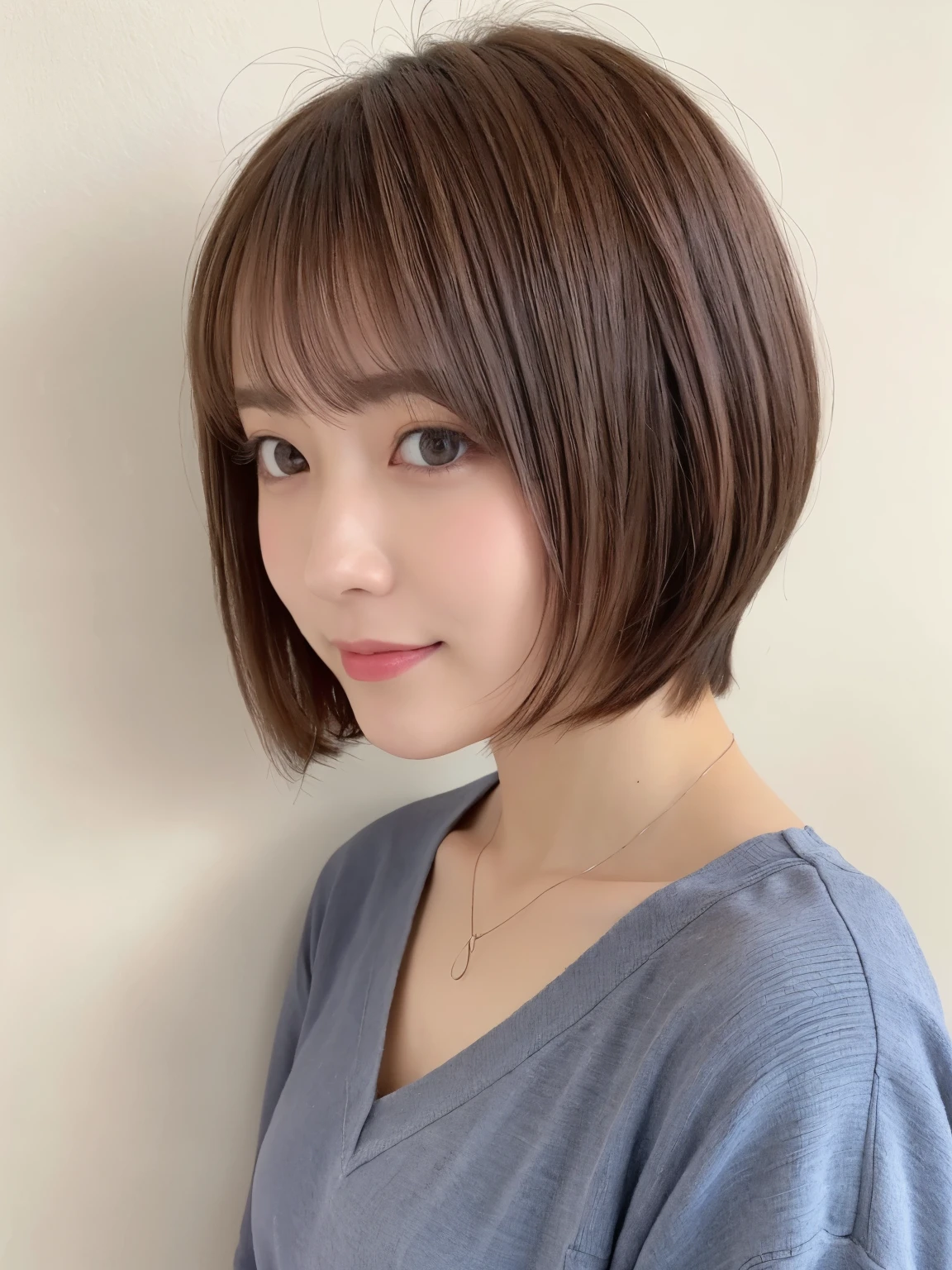 white walls、Taken in front of the white door、(窓のあるwhite wallsの部屋)、(8K、Raw photography、top-quality、masterpiece:1.2)、high-definition RAW color photography、professional photograpy、(realisitic、フォトrealisitic:1.37)、Shot in natural light、1girl in、A smile、(Poses variadas)、Crouch down、crouching down、BREAK (Ombre:1.3) 、Winter clothes、 Necklace、(Beautiful profile:1.3)、Don't look at the camera、profile、short-cut、((Brown hair)、short-hair、Eye color is dark brown、(Beautiful profile:1.3)、correct hand of human body、Depressed、pastel clothing