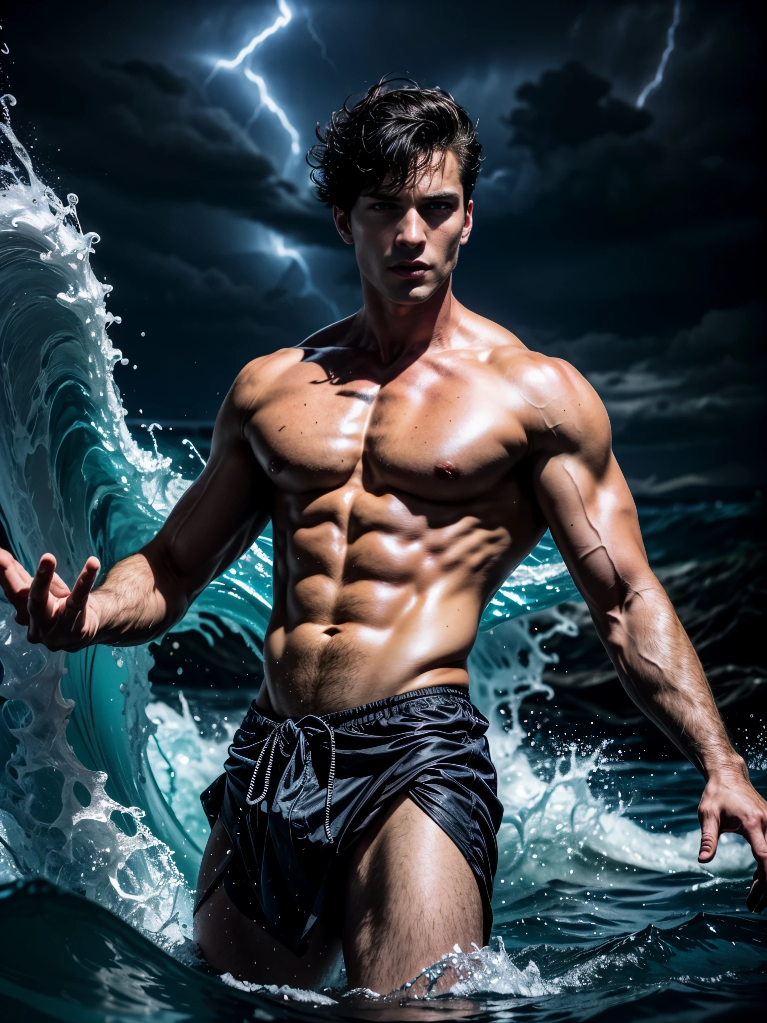 ((masterpiece)),((best quality)),8k, high detailed, ultra-detailed, Stylish Pose, real skin texture, dark cinematic lighting, 18-year-old italian male model, handsome, cute looking, divine look, powerful light blue eyes, Poseidon god, god of the seas, Neptune, godly, hydrokinesis, bending water, displaying the ability to manipulate water, creating massive waves and bend water, white pale skin, roman god physic, intense, blue eyes, dry hair, dry short brown messy hair, strong jawline, masculine, muscular, defined fit body, hairless chest, shirtless, pantless, (open sea:1.7), sinister aesthetic, black storm clouds, lightning clouds, deep blue ocean waves, (night dark storm:1.6), barelegged, barefoot, antique linen spartan skirt, white linen antique draped cloth skirt,,,,, dim light, dark atmosphere, cinematic lighting, Depth of field, award-winning photography, elegant, hyperrealistic, octane render, unreal, high definition, 8k resolution, highly detailed, 8k uhd, professional lighting, photon mapping, radiosity, physically-based rendering
